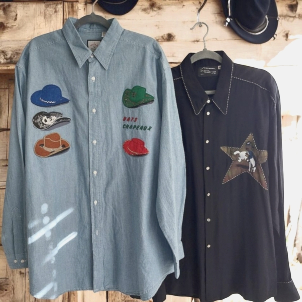 LOT/BUNDLE OF 2 VINTAGE 90'S Y2K EMBROIDERED WESTERN COWBOY MENS SHIRTS